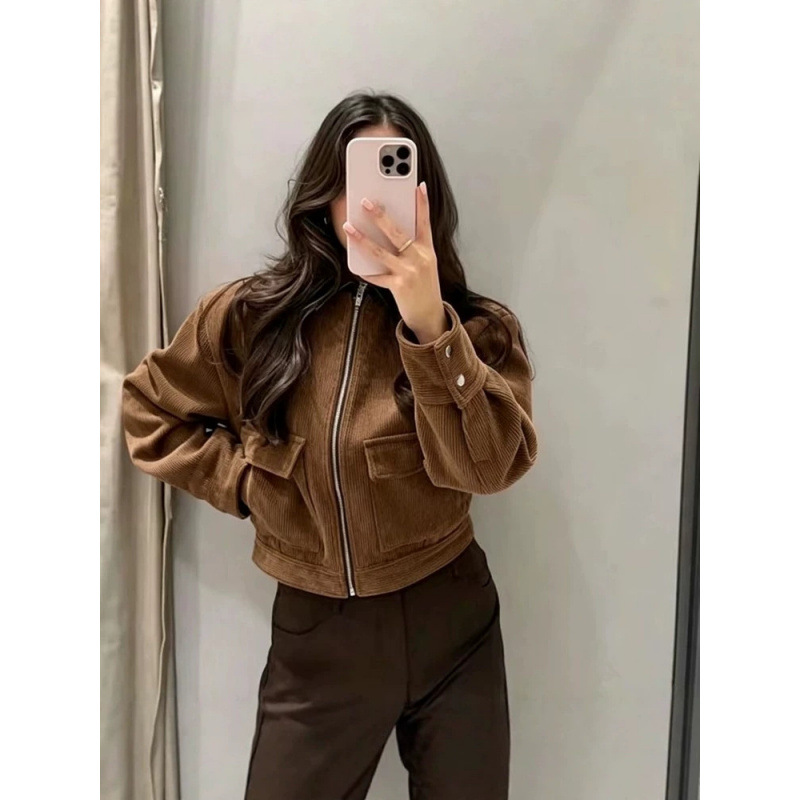 Corduroy Paneled Faux Leather Collar Jacket Women's Casual