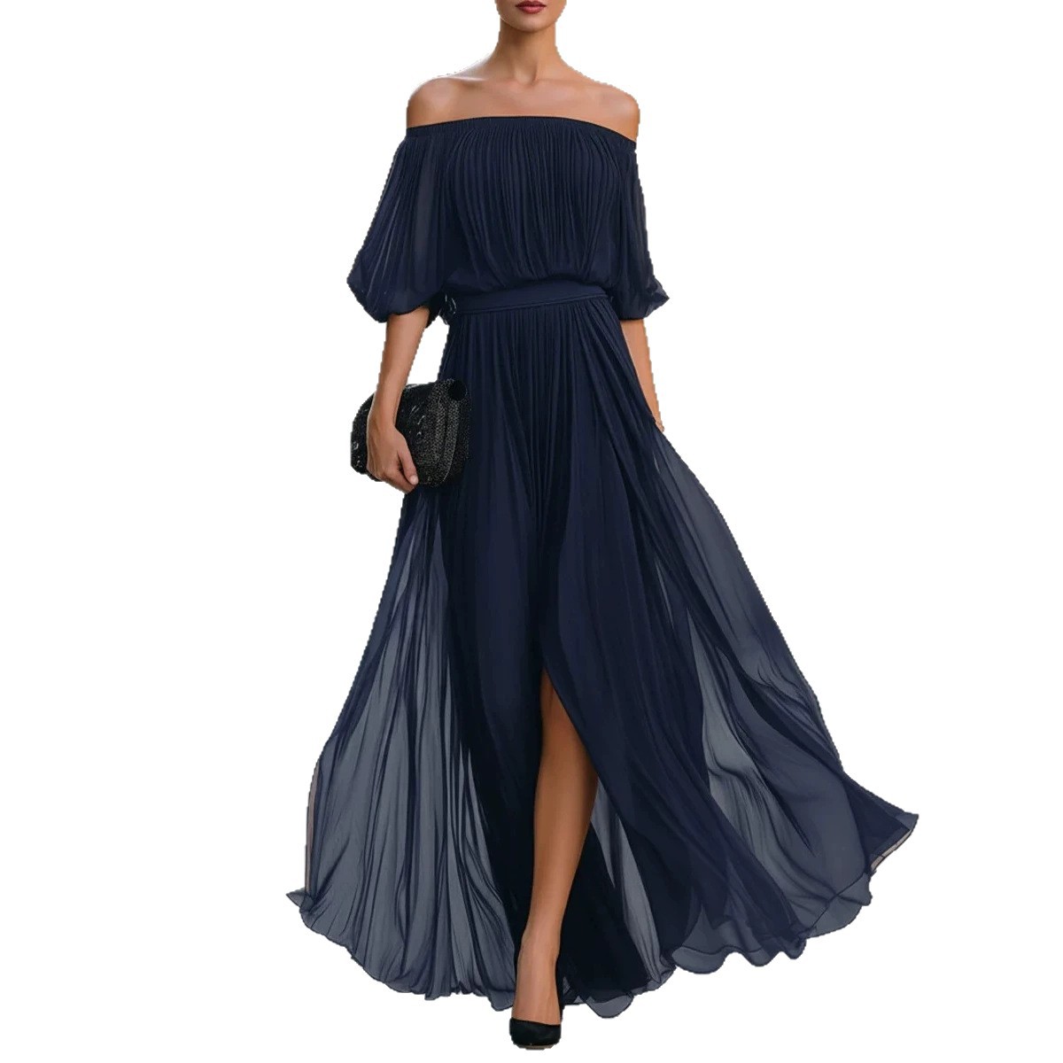 Women's Off-Shoulder Chiffon Maxi Dress Solid Color Waist-Cinched