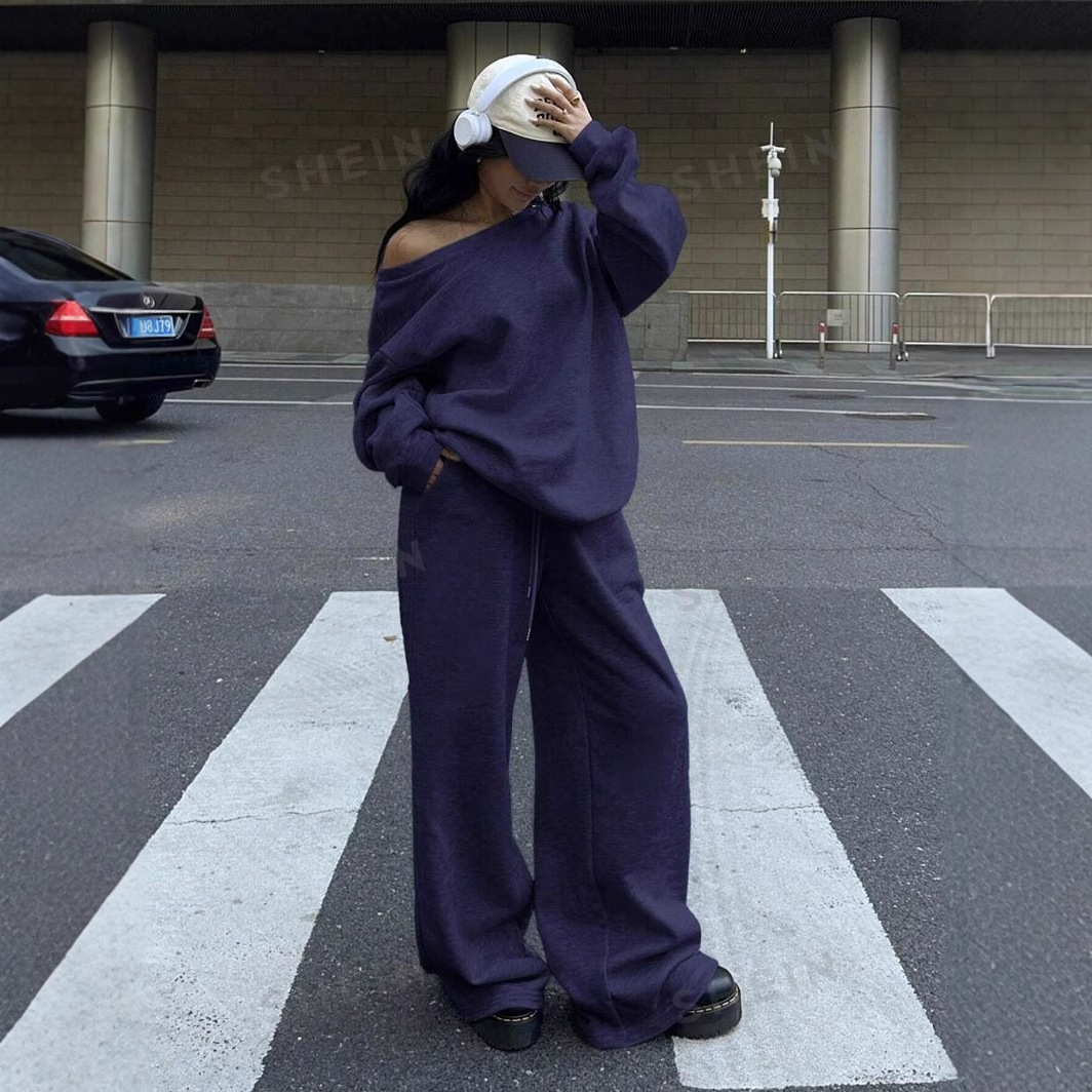 Women's Casual Crewneck Sweatshirt and Pants Set Solid Color Loose Fit