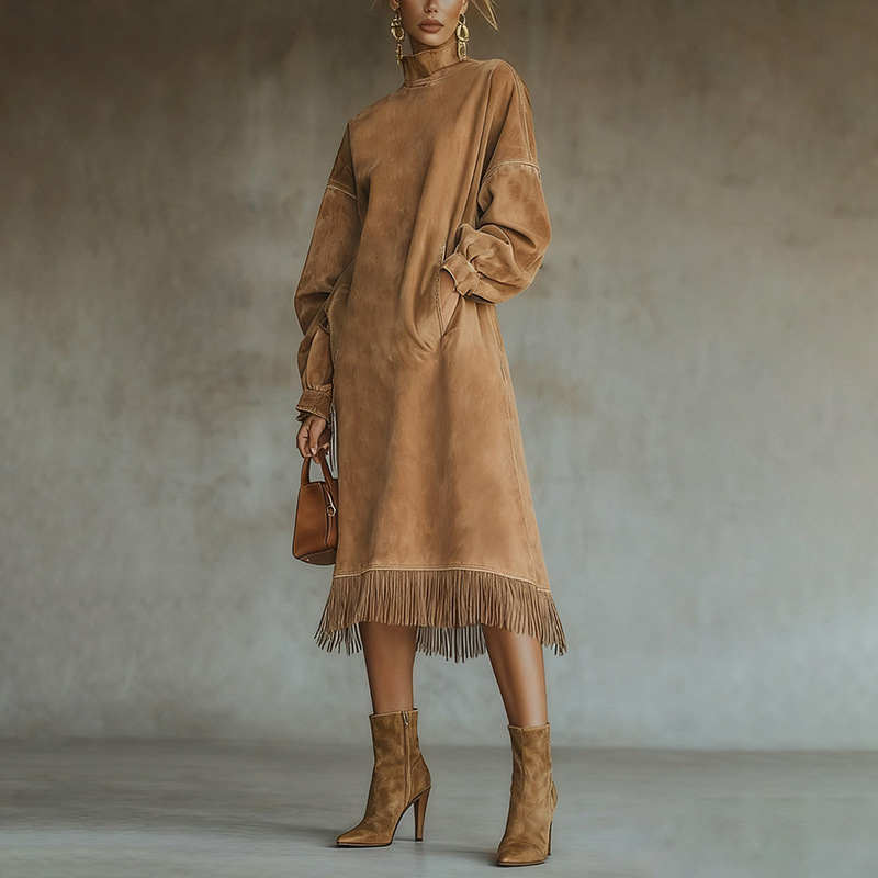 High Neck Faux Suede Loose Fringe Pocket Long Sleeve Dress