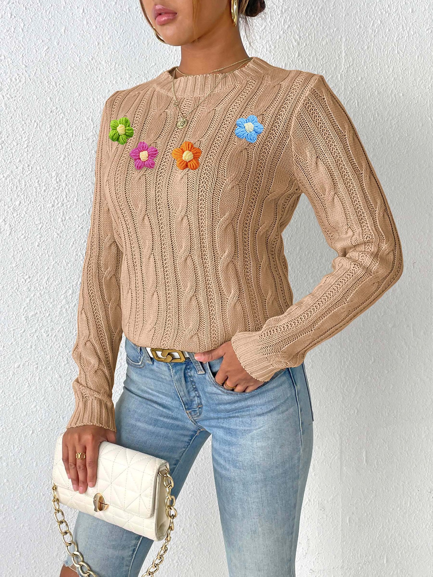 Women's Round Neck Pullover Sweater with Hand-Crochet Floral Appliqué