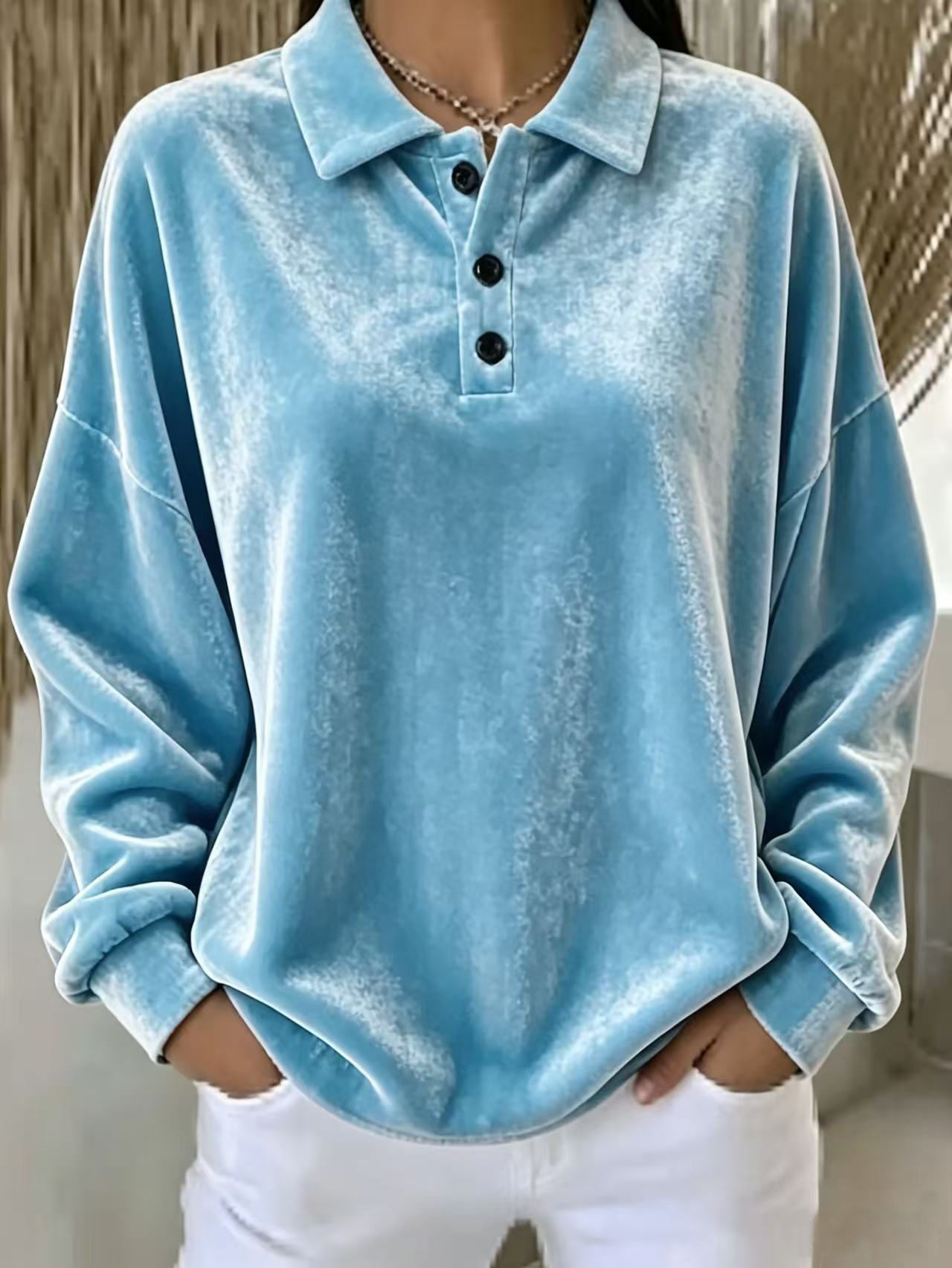 Women's Loose Velvet Button-Up Long-Sleeve Sweatshirt