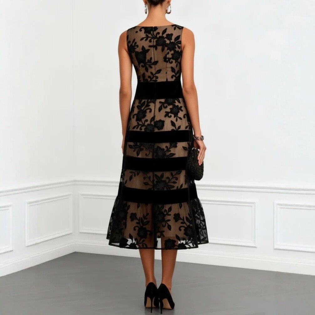 Black Mesh Flocked Jacquard Paneled Bodycon Dress