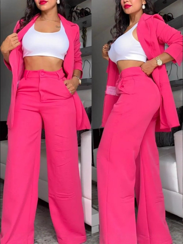 Women's Elegant Solid Color Split-Sleeve Lapel Blazer and Straight Pants Set