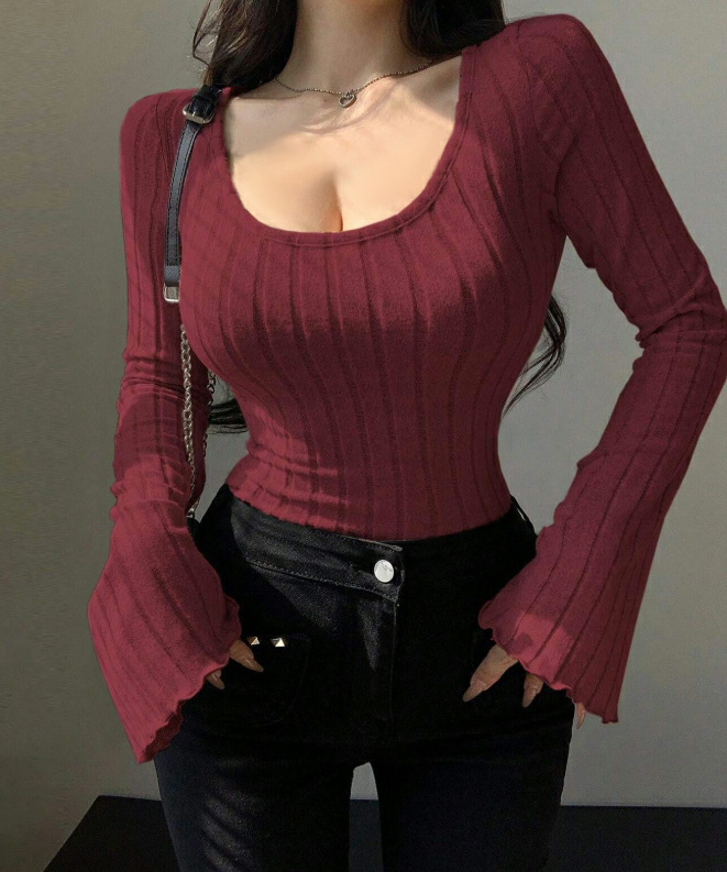 Brushed Ribbed Long Sleeve V-Neck Top