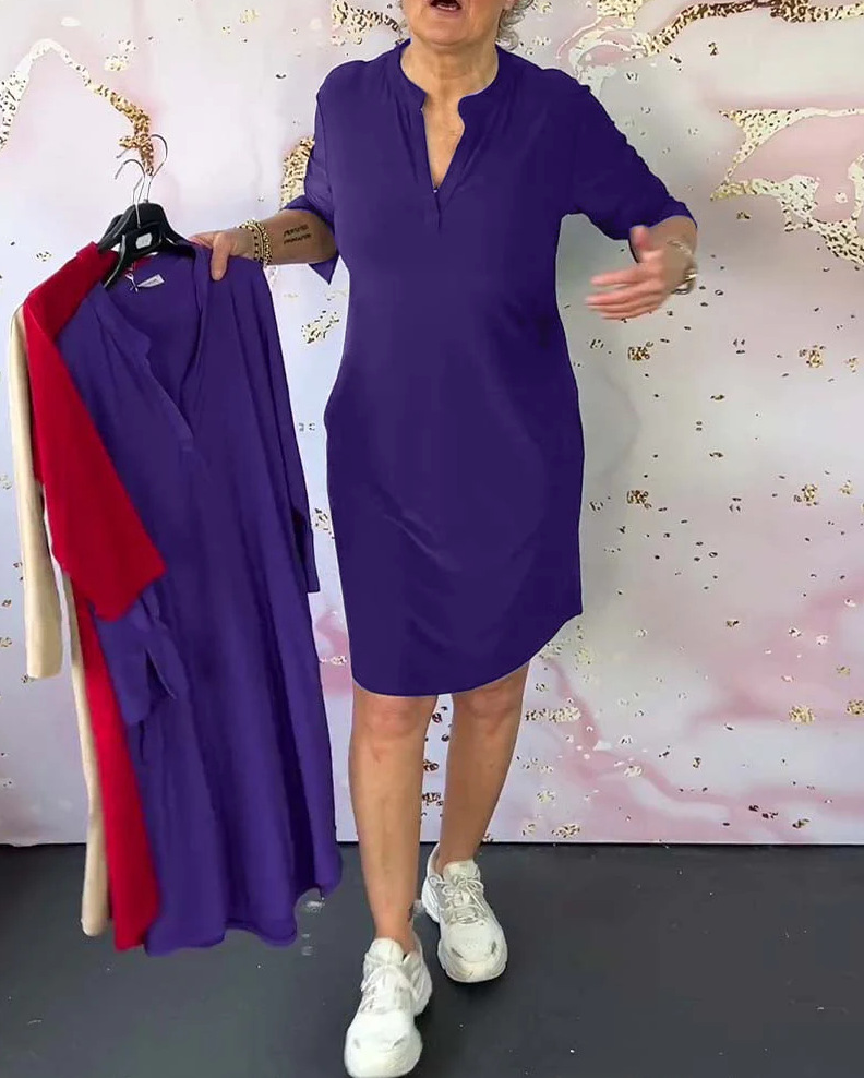 Women's Solid V-Neck Midi Dress Long Sleeve High Waist