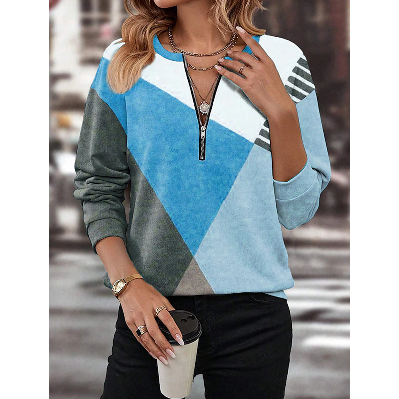Color-Block Loose Zip-Up Long-Sleeve V-Neck Sweatshirt