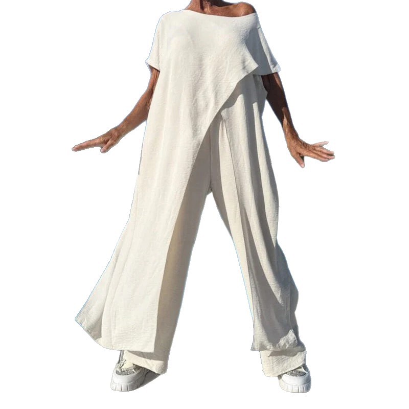 Casual Irregular Solid Color Long Short-Sleeve Top and Loose Pants Cotton-Linen Set