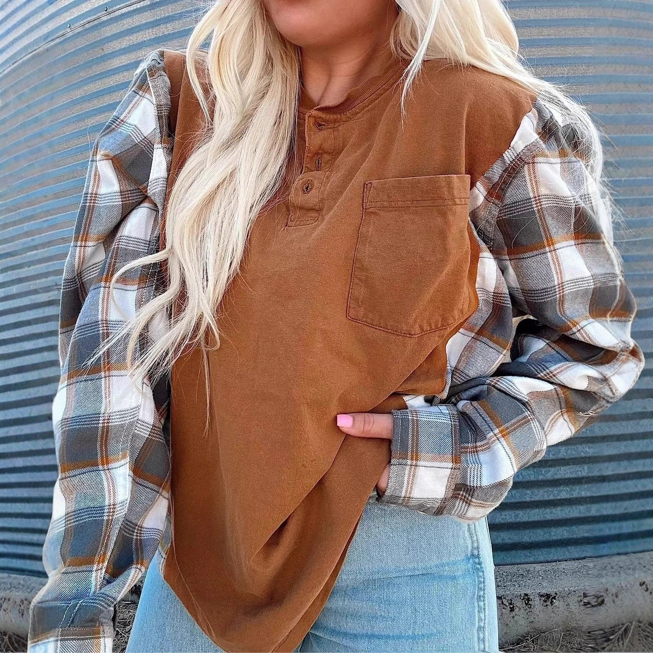Women's Casual Half-Open Collar Plaid Spliced Sweatshirt