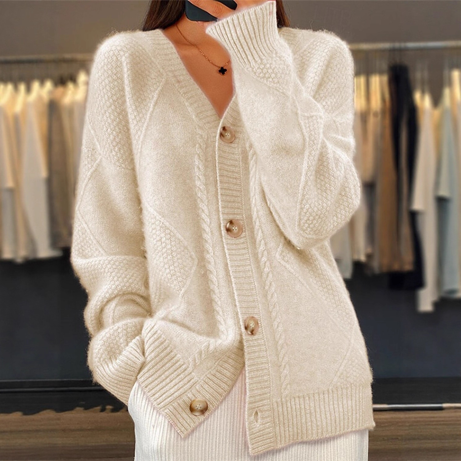 Women's Solid V-Neck Button-Front Knit Cardigan Long Sleeve