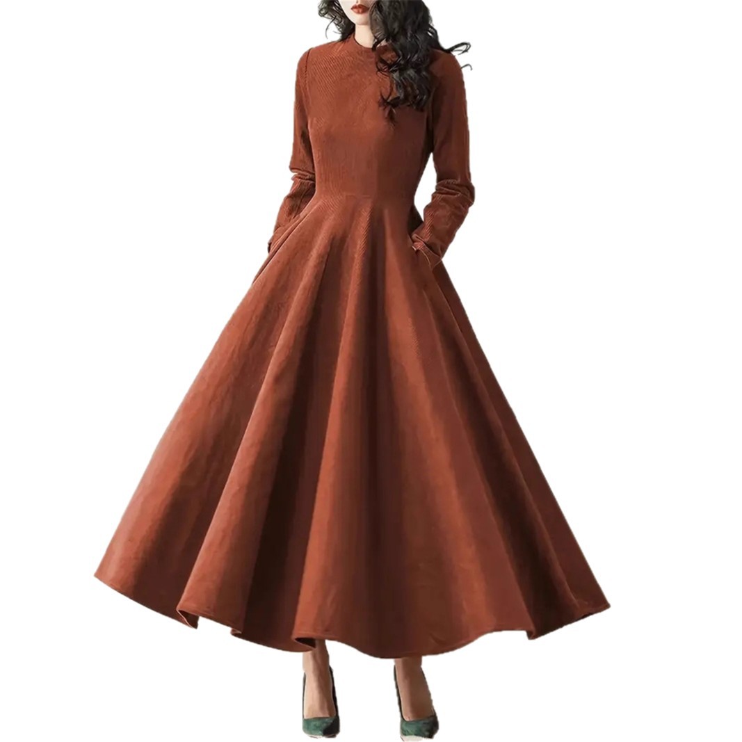 Elegant Corduroy Long Sleeve A-Line Maxi Dress with Zip and High Waist