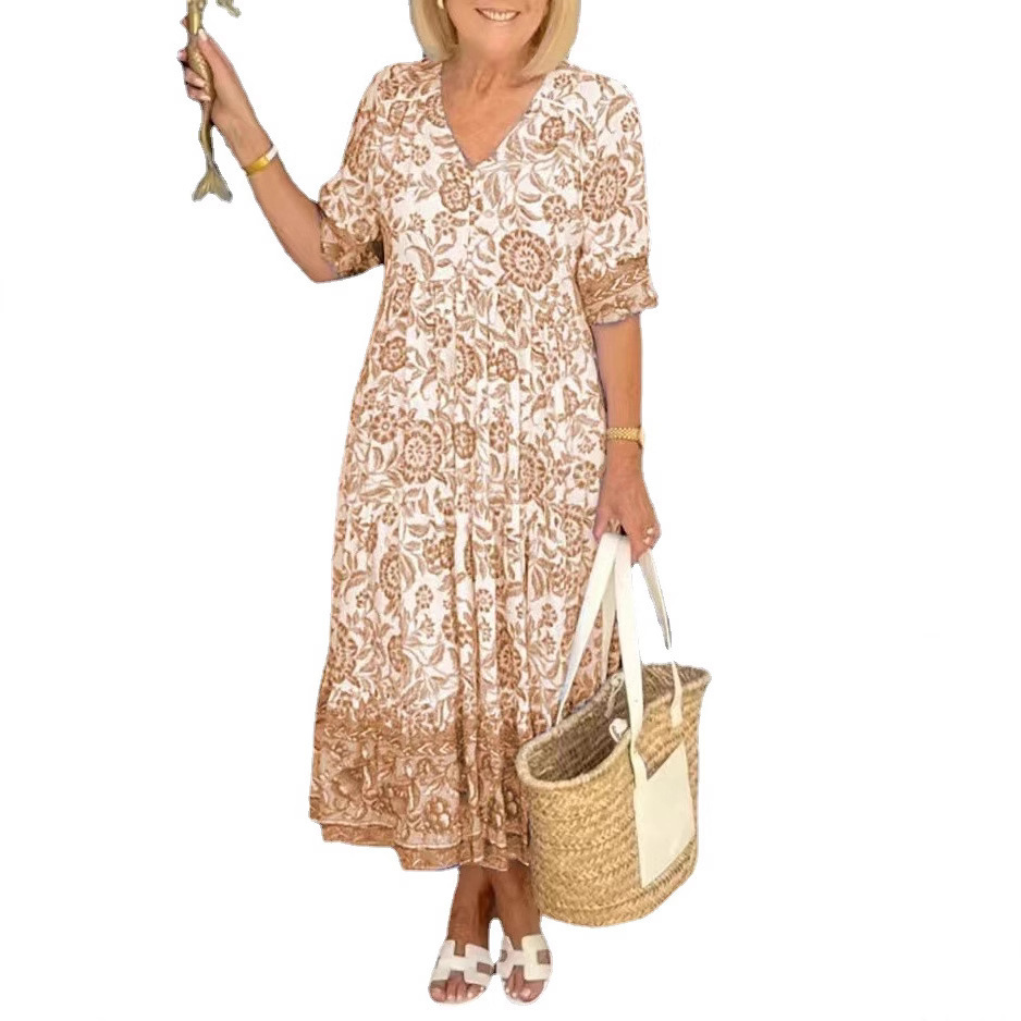 Women's Long Floral Tie-Dye Print Dress V-Neck Short Sleeve Commuter