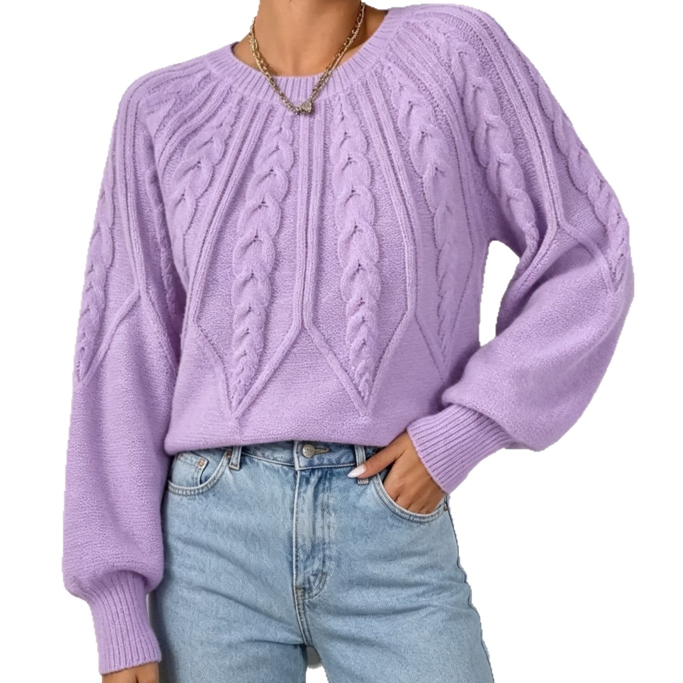 Women's Cable-Knit Crewneck Pullover Sweater Long-Sleeve Solid Color