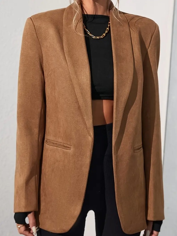 Women's Faux Suede Blazer Jacket Solid Color Long Sleeve