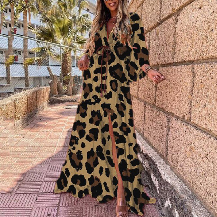 Bohemian V-Neck Slit Printed Maxi Dress Loose Fit Long Sleeve
