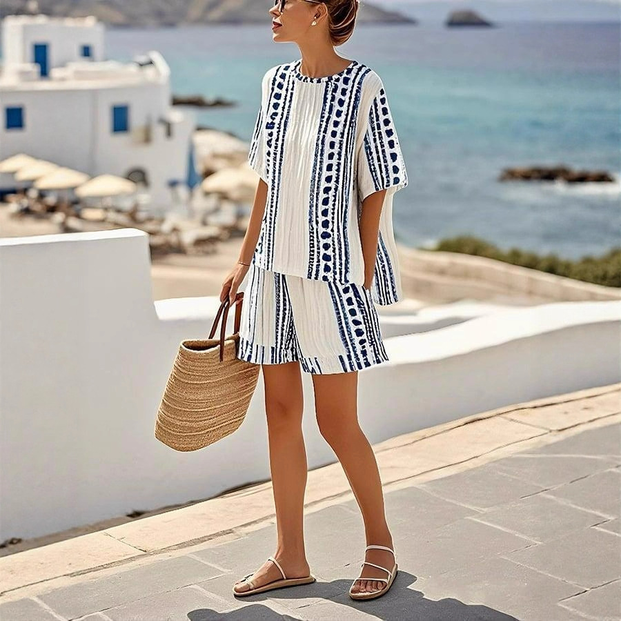 Retro Geometric Print Short Sleeve Top and Wide-Leg Shorts Set