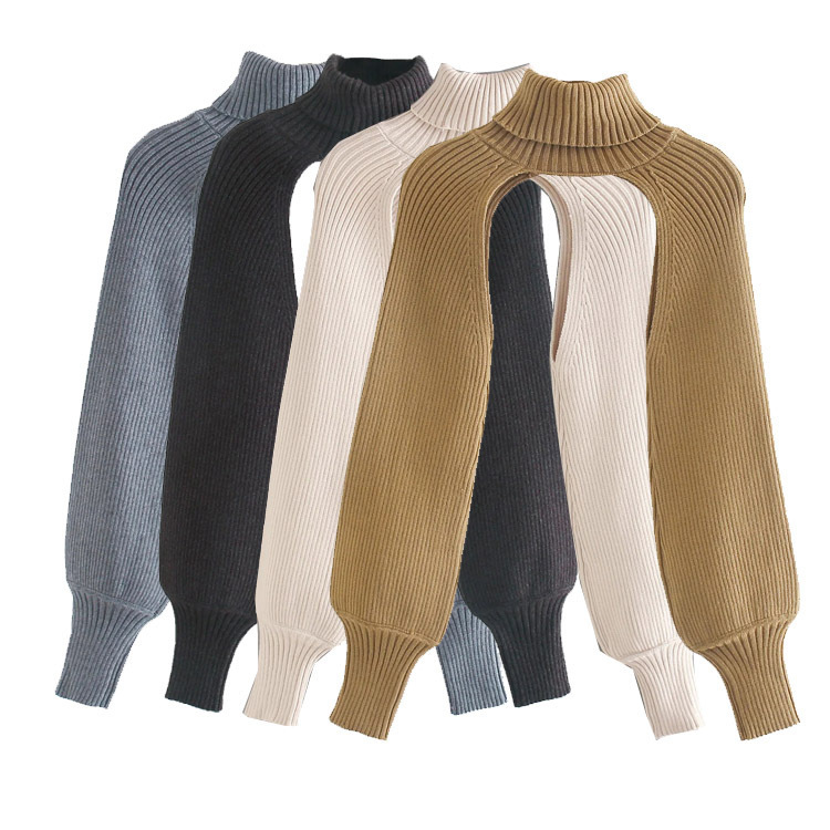 Women's Lantern Sleeve Turtleneck Knit Sweater with Knit Sleeves Solid Color