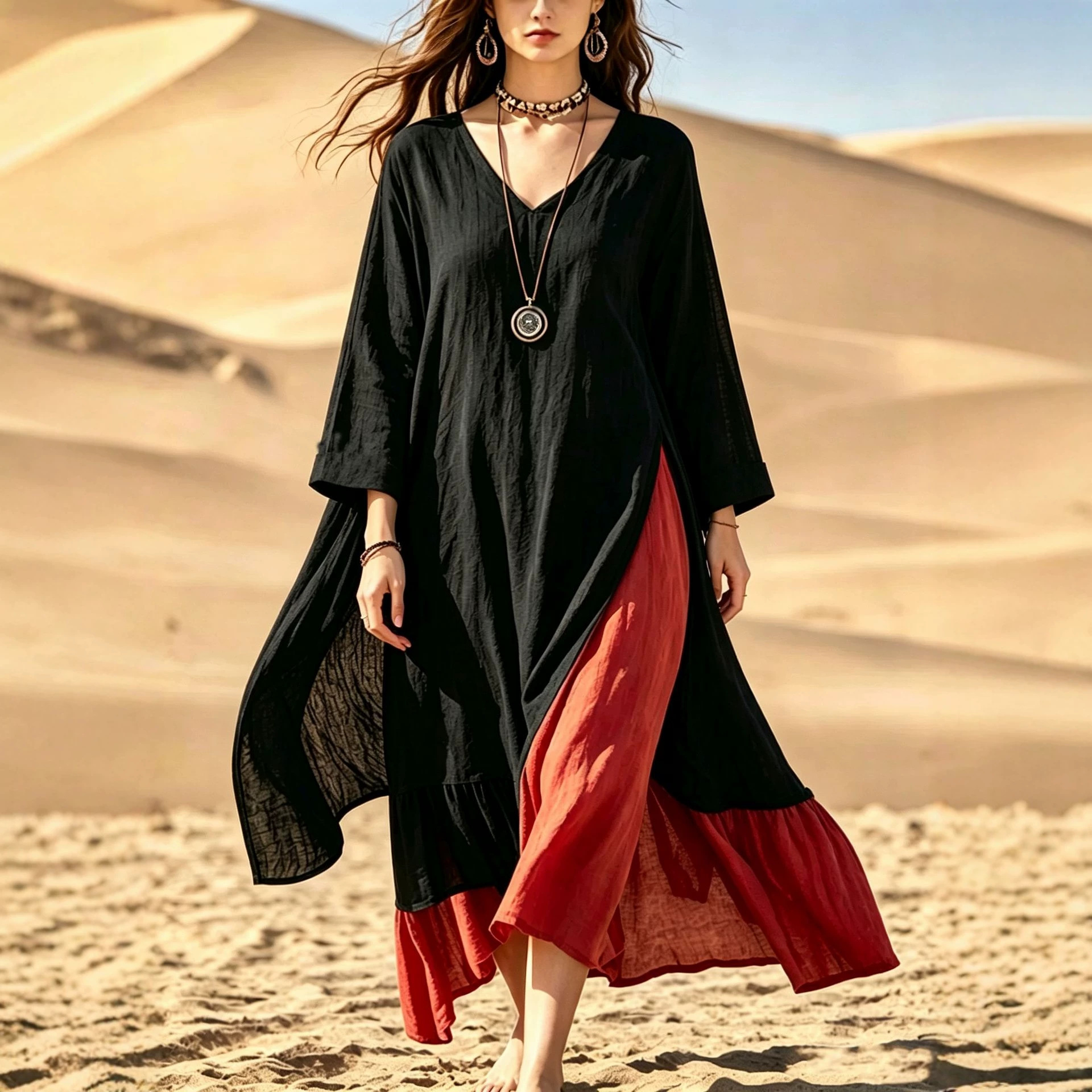 Bohemian Colorblock Patchwork Long Dress V-Neck Slit Beach Maxi