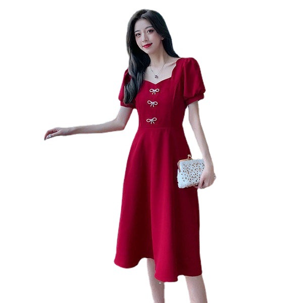 Plus Size French Style Dress with Puff Sleeves and Bow, Square Neck A-Line Midi Dress
