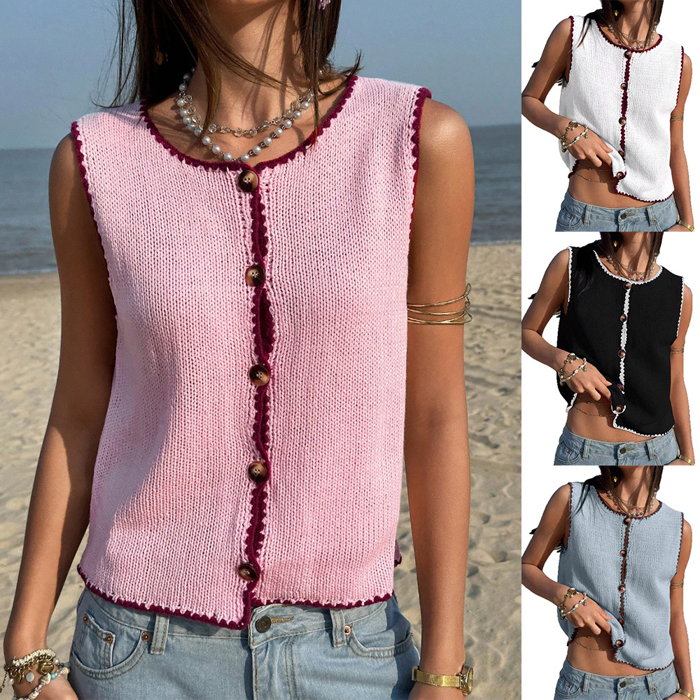 Women's Colorblock Trim Button-Front Sleeveless Sweater Vest