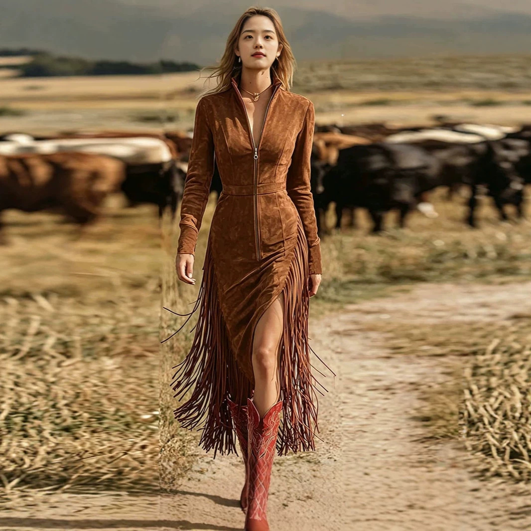 Women's Western Faux Suede Fringe Midi Dress with Stand Collar and Zip