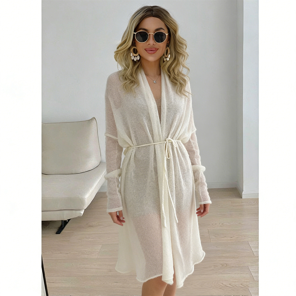 Women's Lightweight Mohair-Blend Knit Cardigan Loose Long Tie-Front