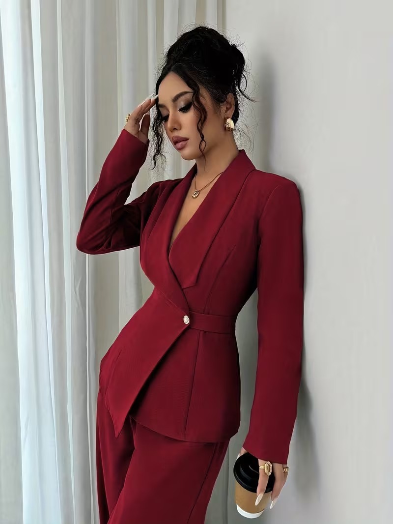 Women's Solid V-Neck Long Blazer and Wide-Leg Pants Two-Piece Set