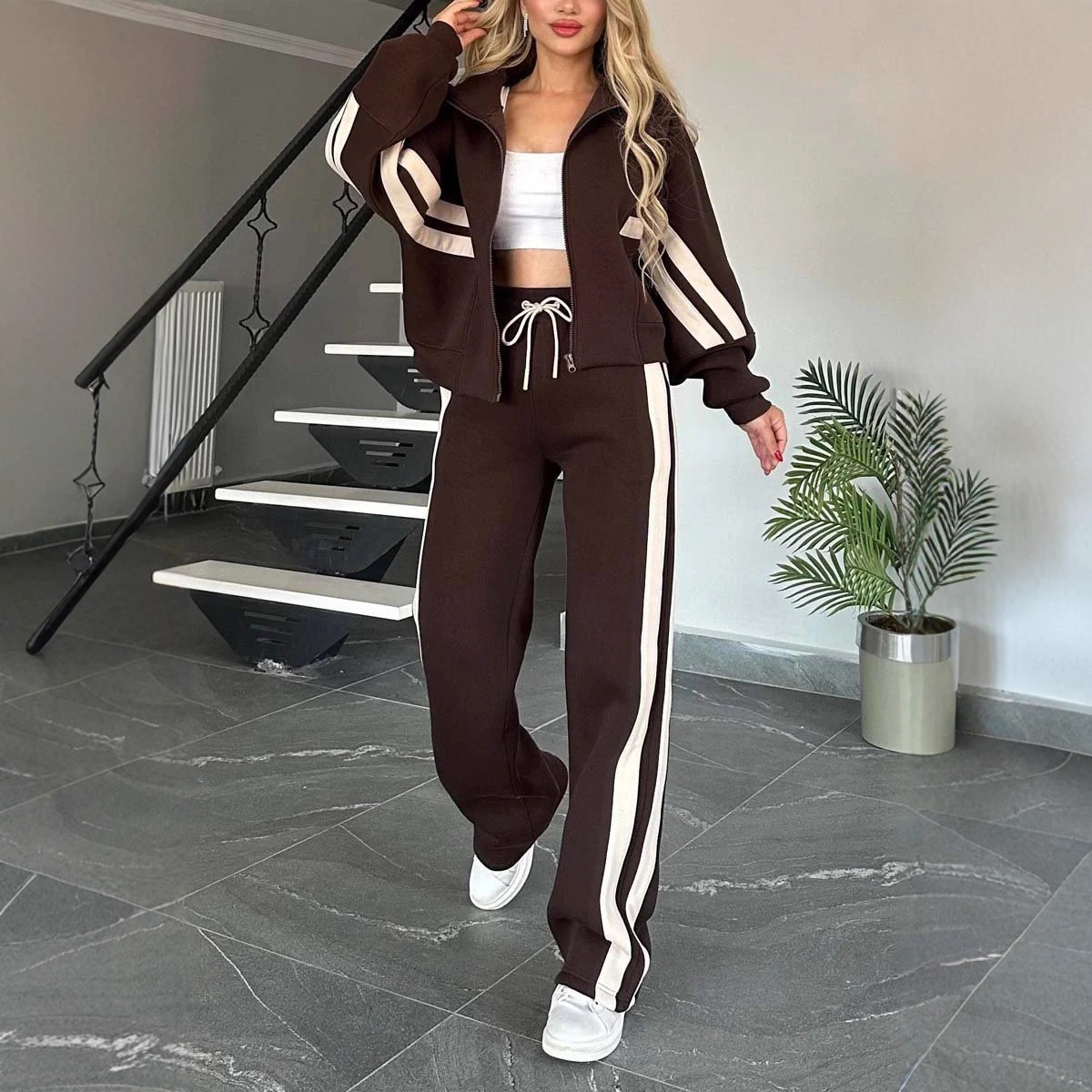 Y2K Striped Zip-Up Top and Pants Casual Sport Set for Women