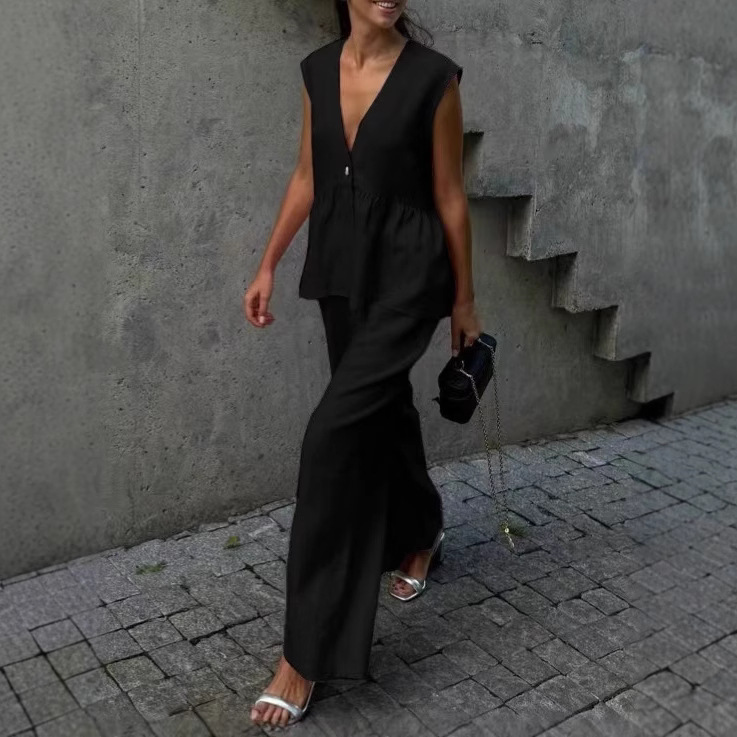 Cotton Linen V-Neck Button Sleeveless Vest and Pants Set Solid Color