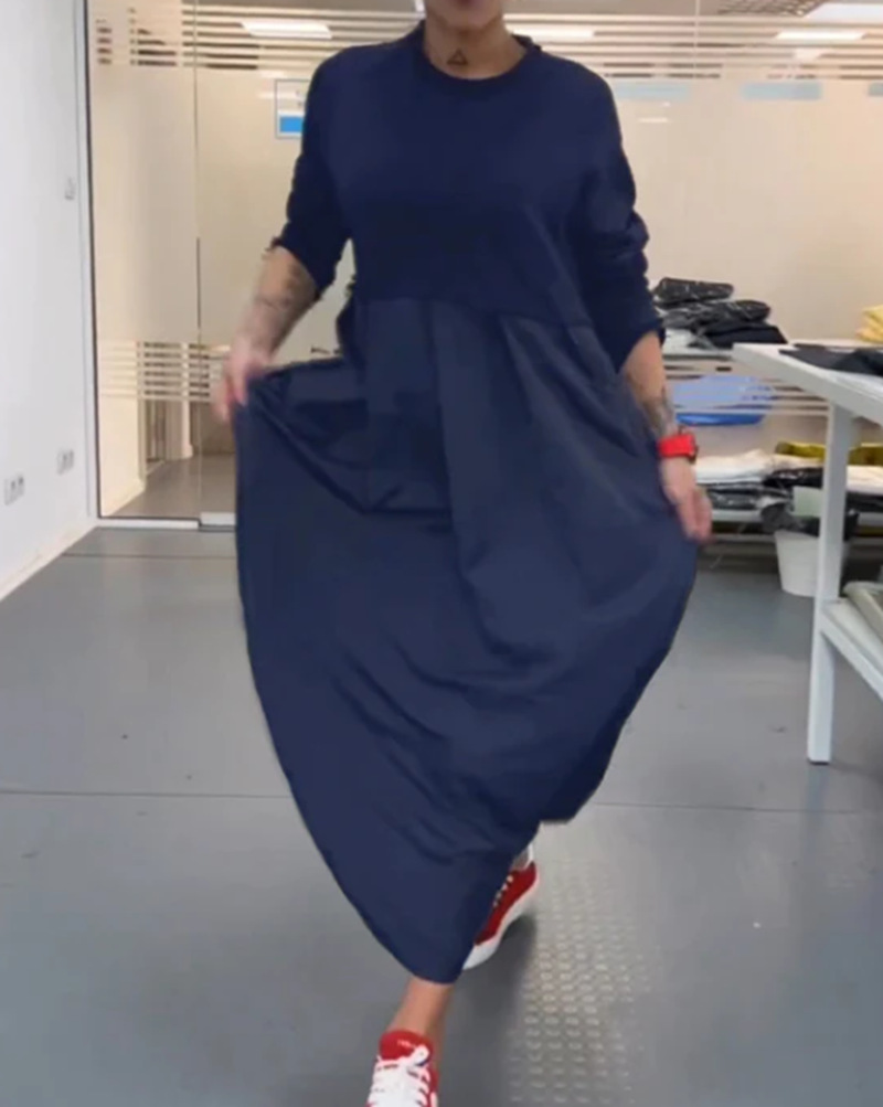Women's Solid Crewneck Long Sleeve Maxi Dress