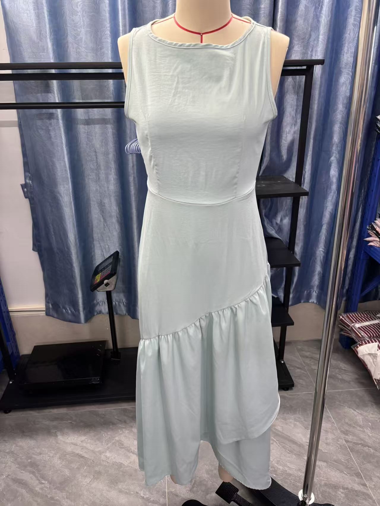 Mesh Panel Sleeveless Long Dress with Cinched Waist