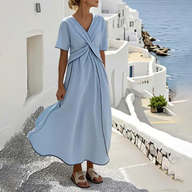 Women's Striped V-Neck A-Line Midi Dress Casual Loose Fit