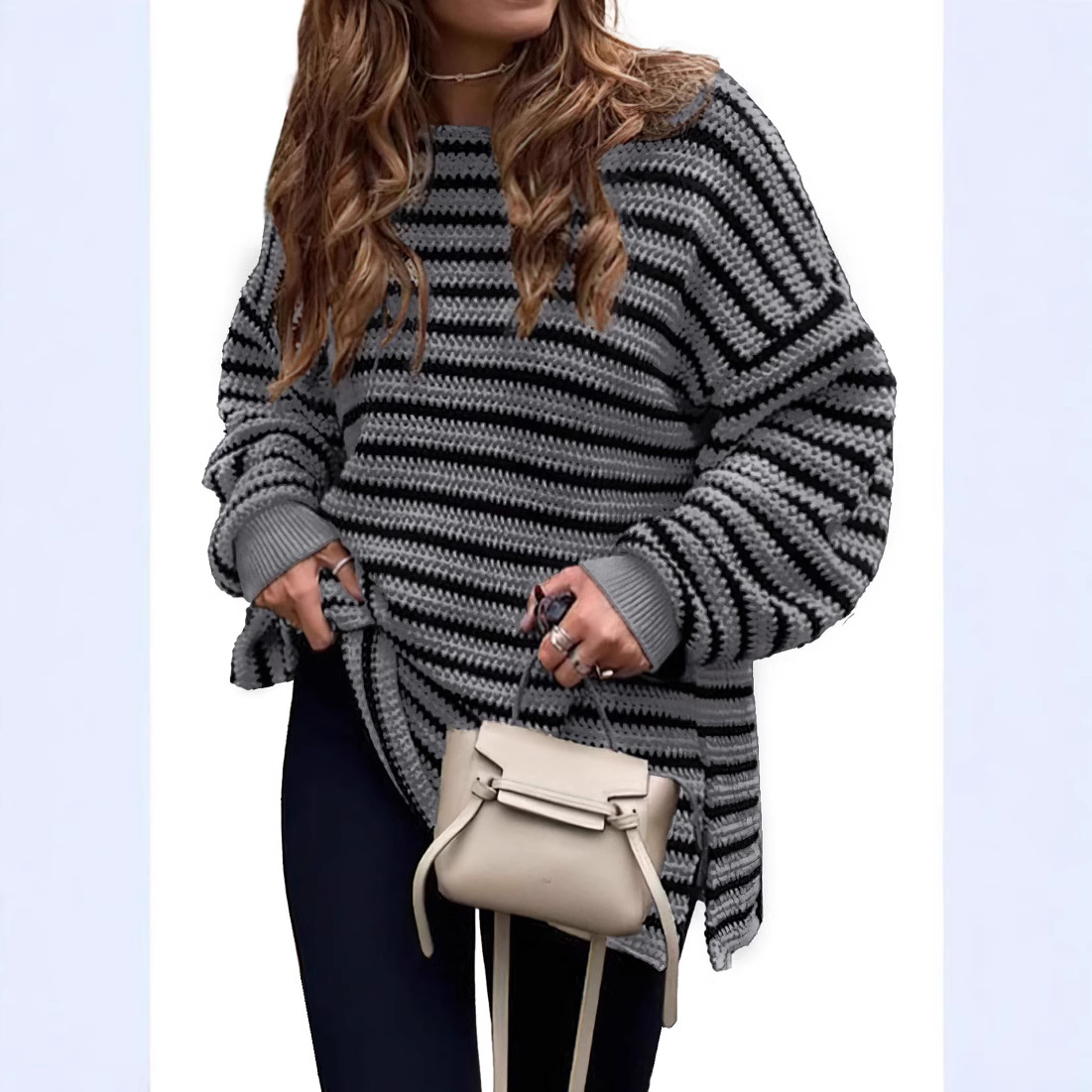 Striped Slit Loose Knit Sweater