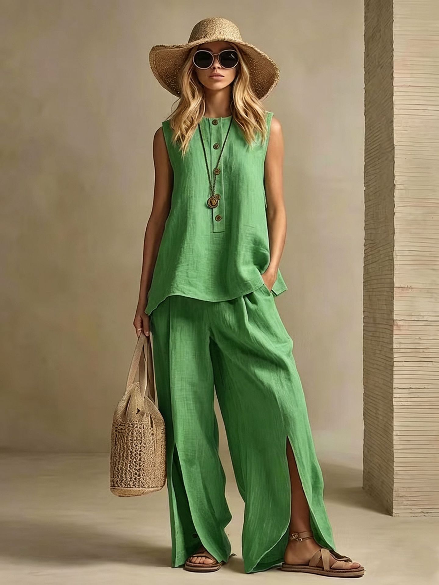 Women's Sleeveless Shirt & Pants Two-Piece Set Loose Fit