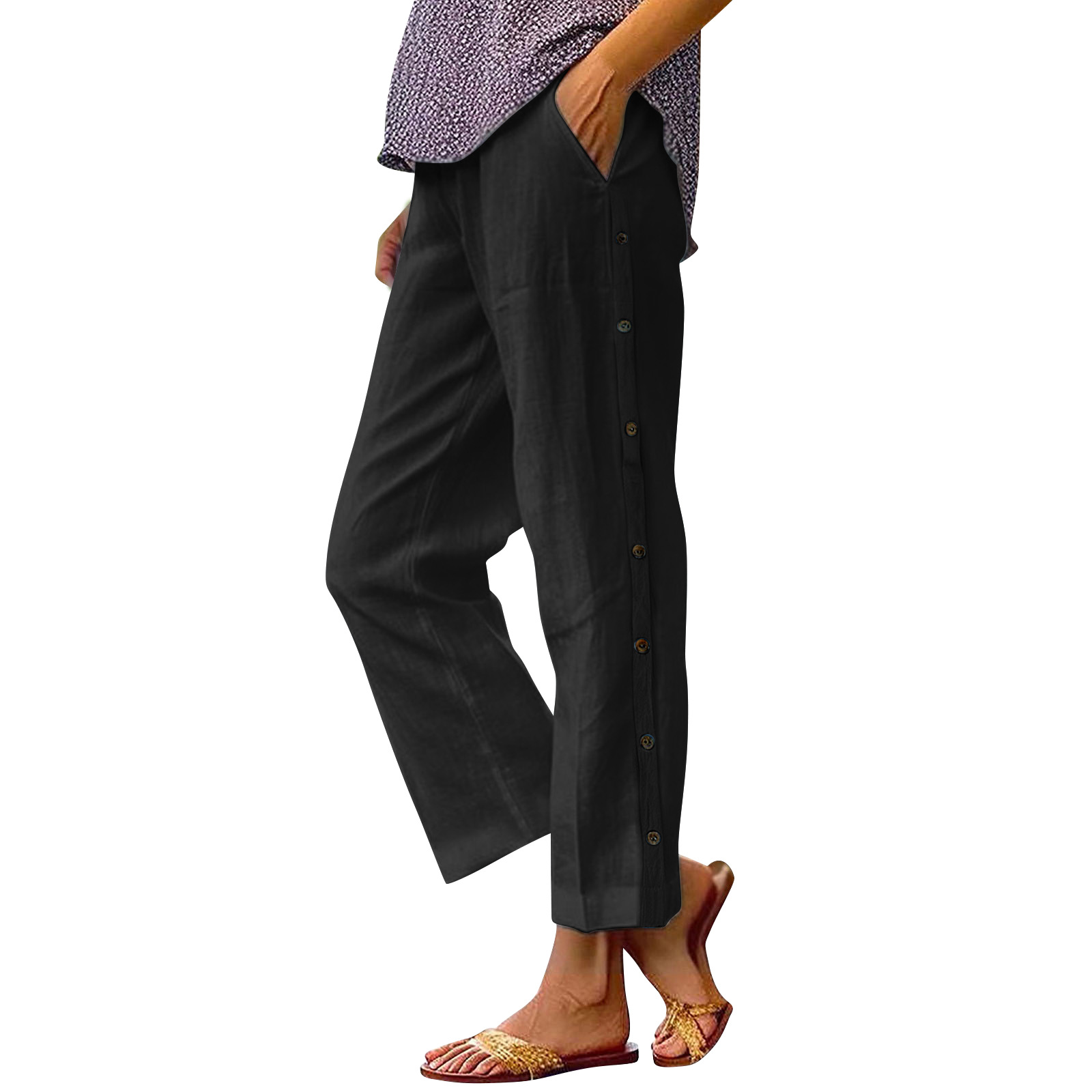 Women's Cotton-Linen Cropped Pants High Waist Loose Side Pocket