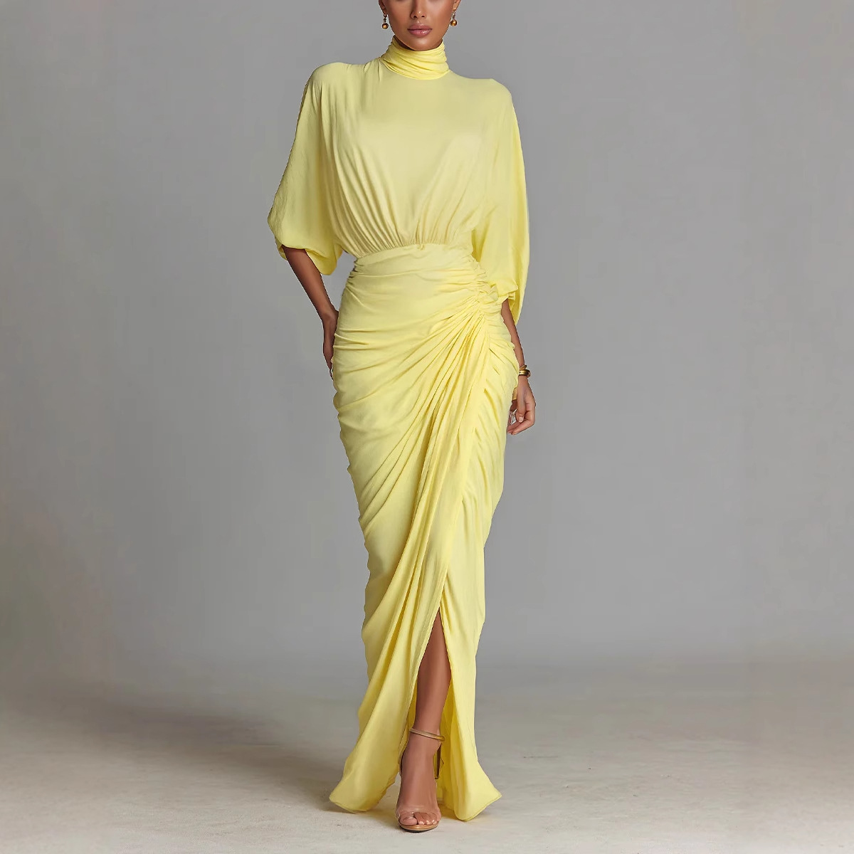 Yellow Ruched High Neck Long Dress