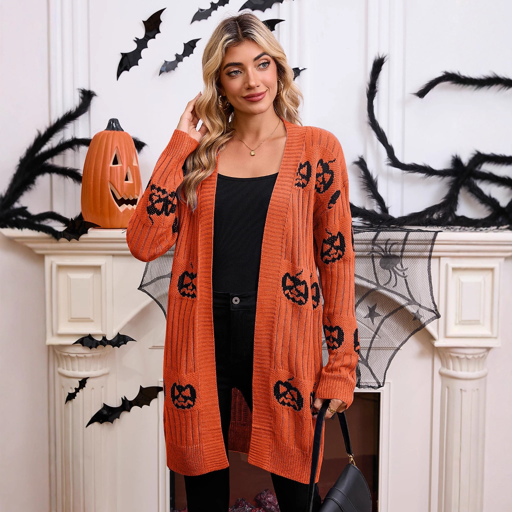 Halloween Pumpkin Jacquard Knit Cardigan Sweater for Women
