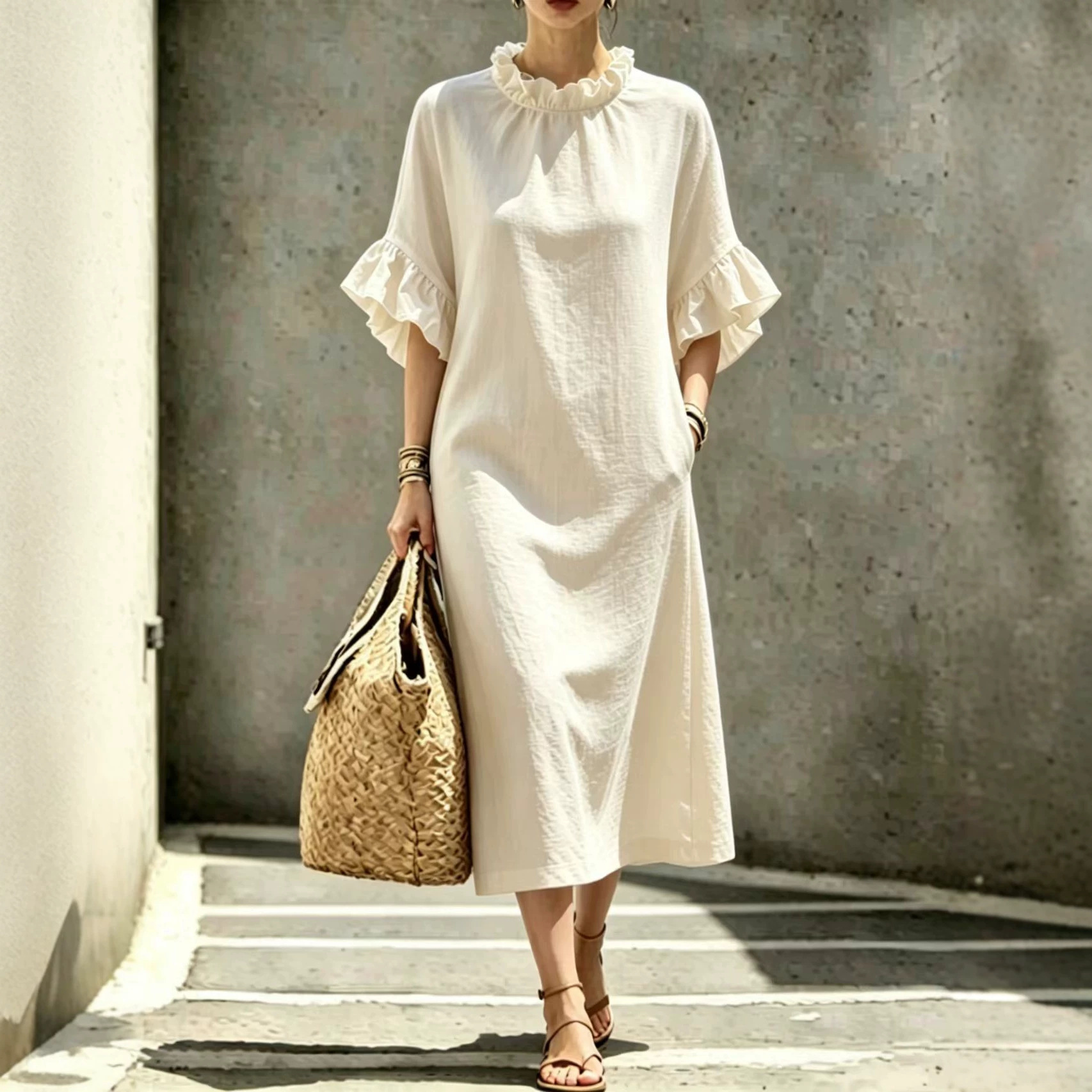 Ruffled Collar Petal Sleeve A-Line Midi Dress