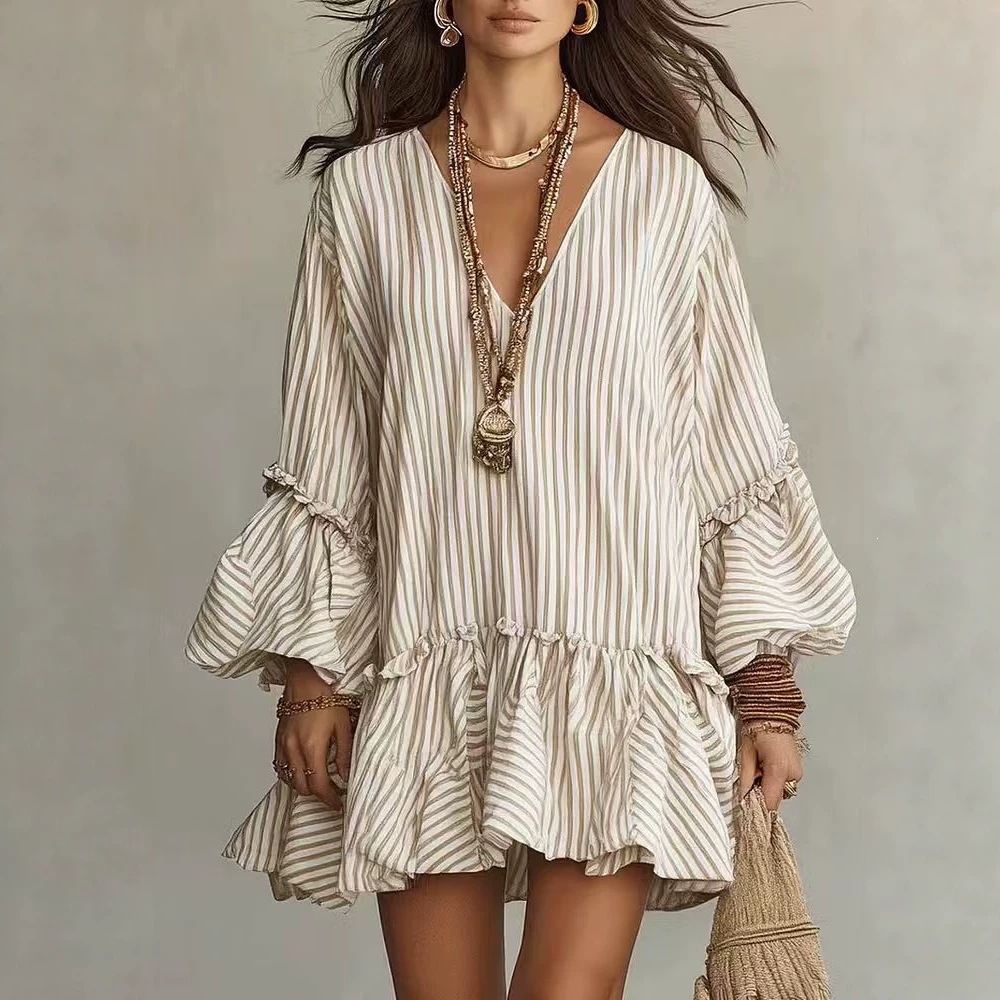 Women's Striped Print V-Neck Lantern Sleeve Loose A-Line Short Dress
