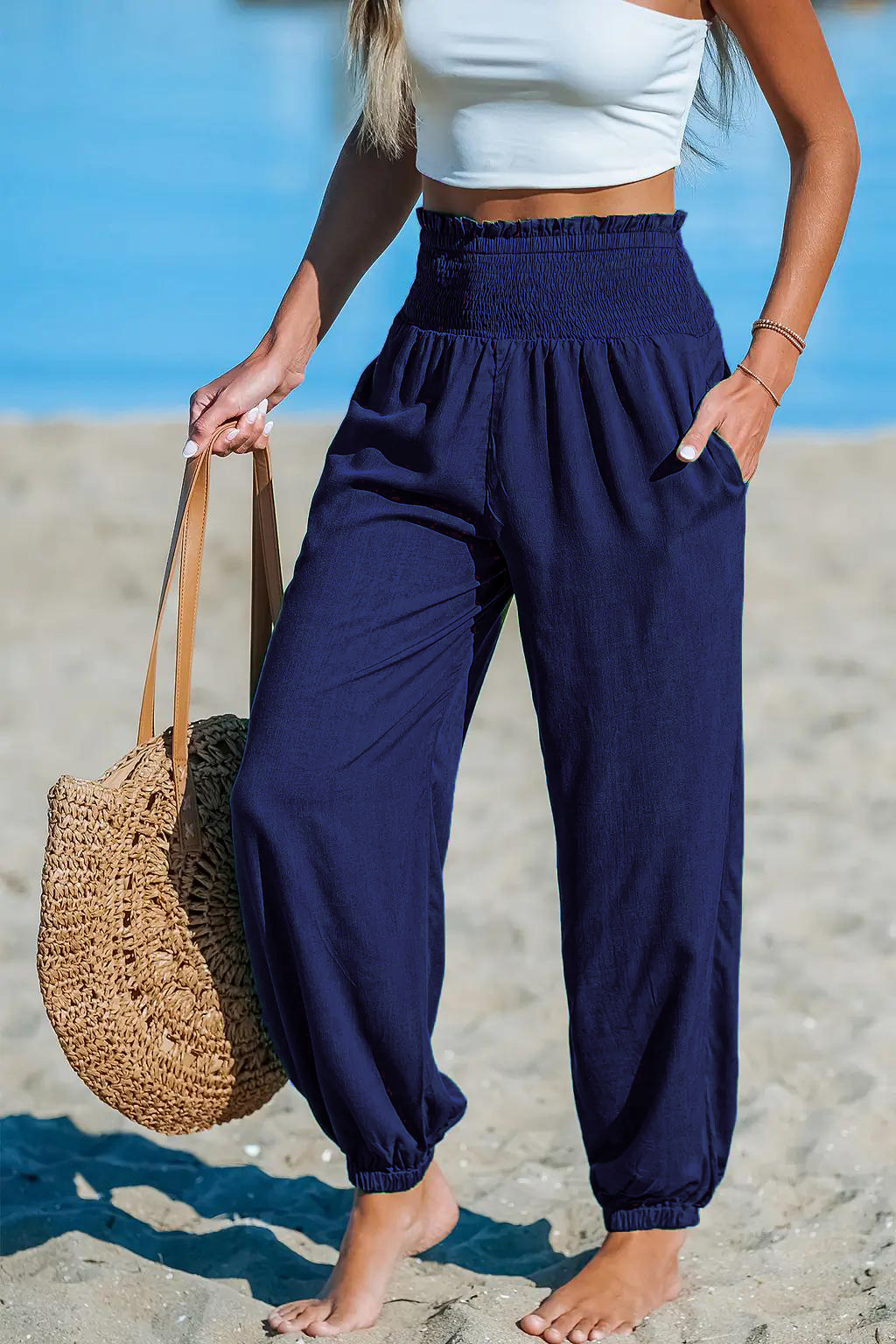 Women's Loose Fit Solid Color Elastic Waist Jogger Pants Casual Beach Trousers