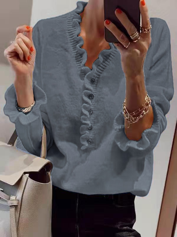 Women's Long Sleeve Ruffle Knit Top V-Neck Beaded