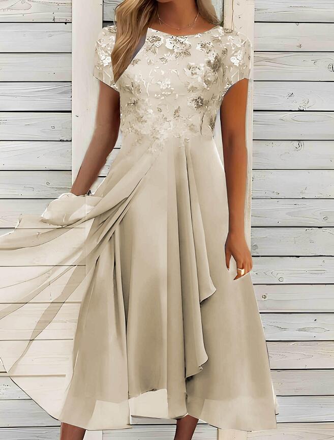 Chiffon Sequin Print Round Neck Maxi Dress