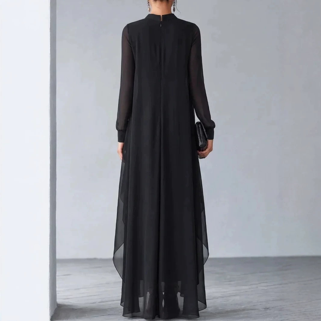 Black Stand-Collar Chiffon Ruffled Faux Two-Piece Long Sleeve Evening Dress