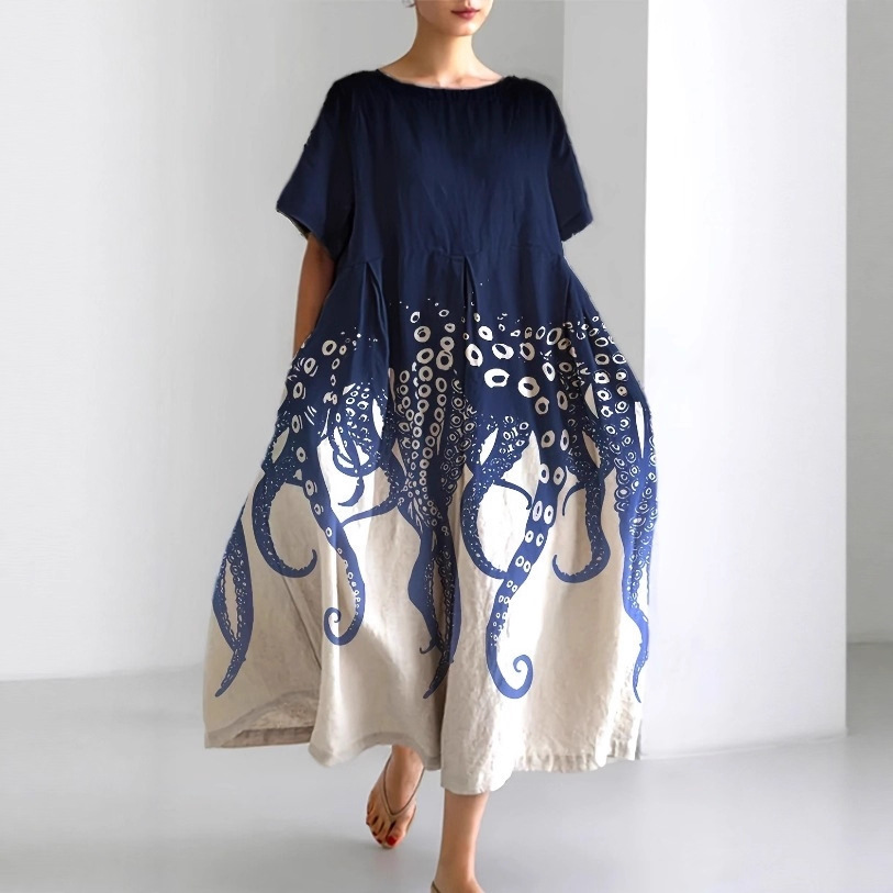 Women's Vintage Floral Print A-Line Midi Dress with U-Neck and Short Sleeves