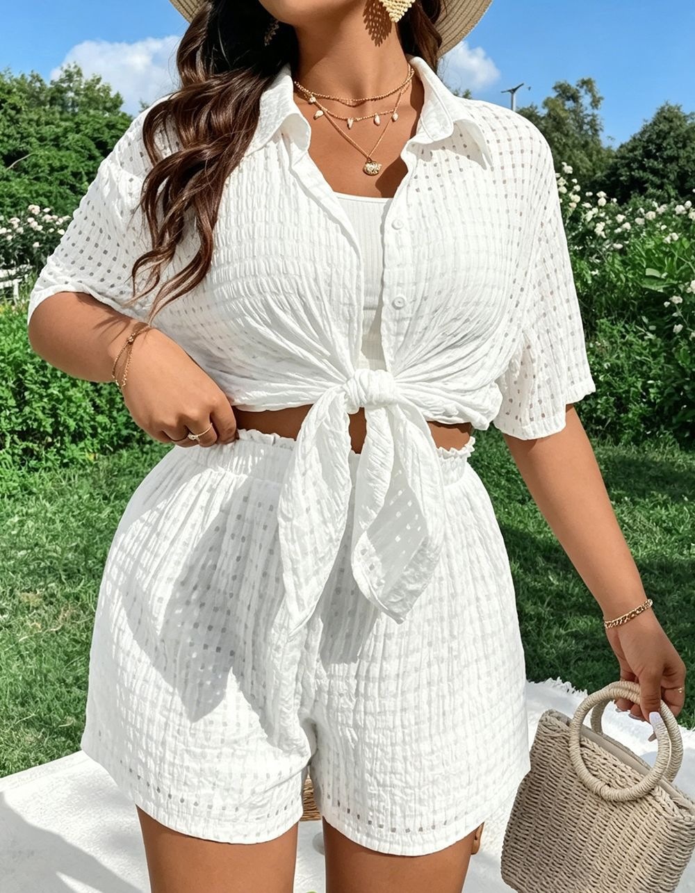 Women's Plus Size Plaid & Solid Two-Piece Set – Short Sleeve Open-Front Top and Shorts, Breathable Casual