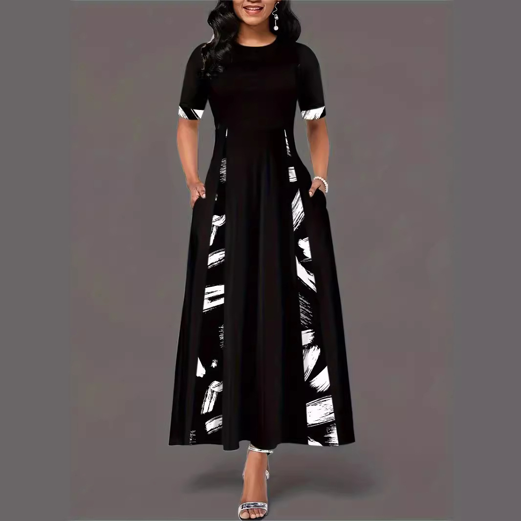 Color-Block Crew Neck Mid-Sleeve Irregular Long Dress