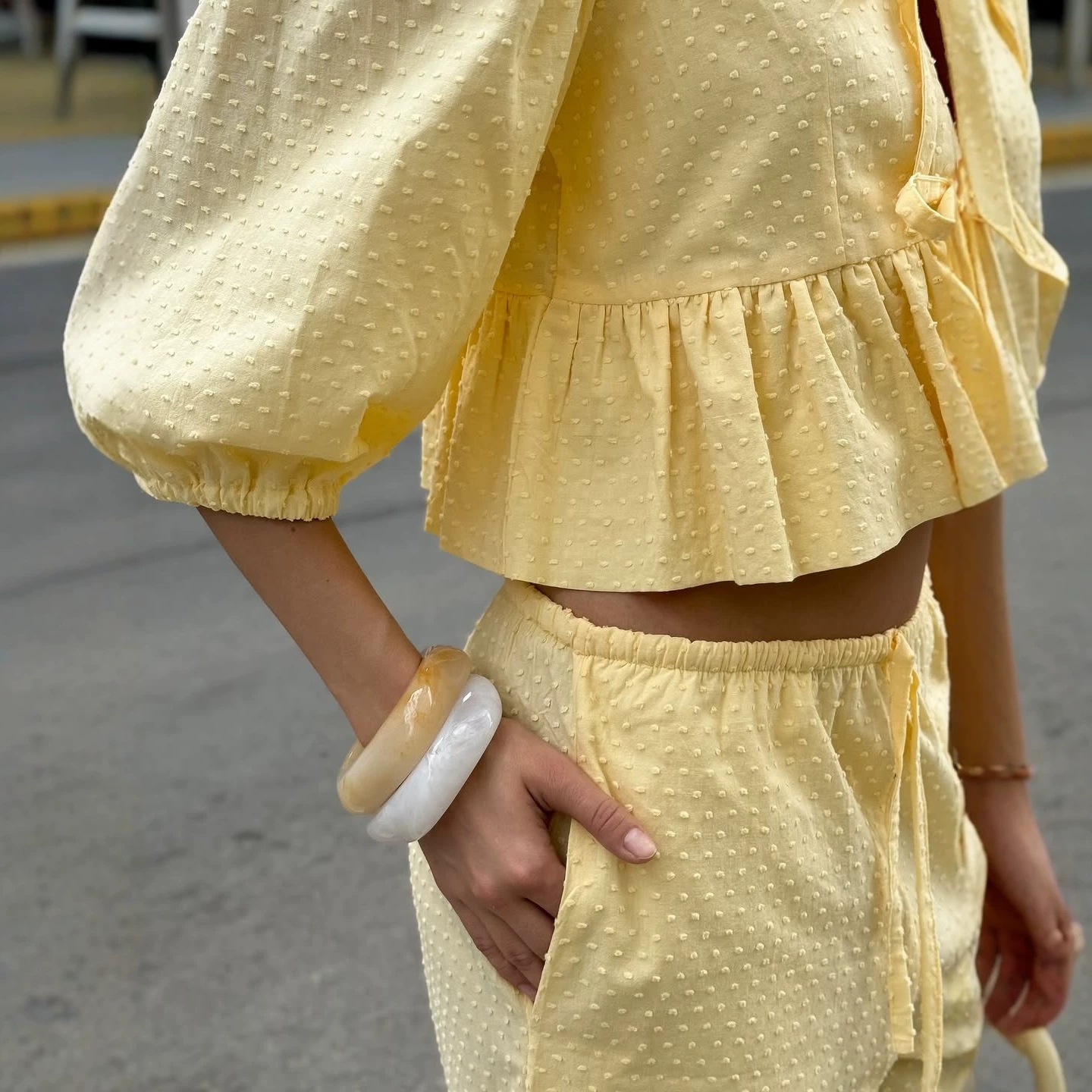 Women's Casual Short Sleeve Tie-Front Shirt and Ruffle Hem Pants Set