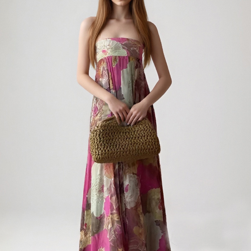 Women's Pleated Floral Print High-Waist Maxi Dress Sleeveless