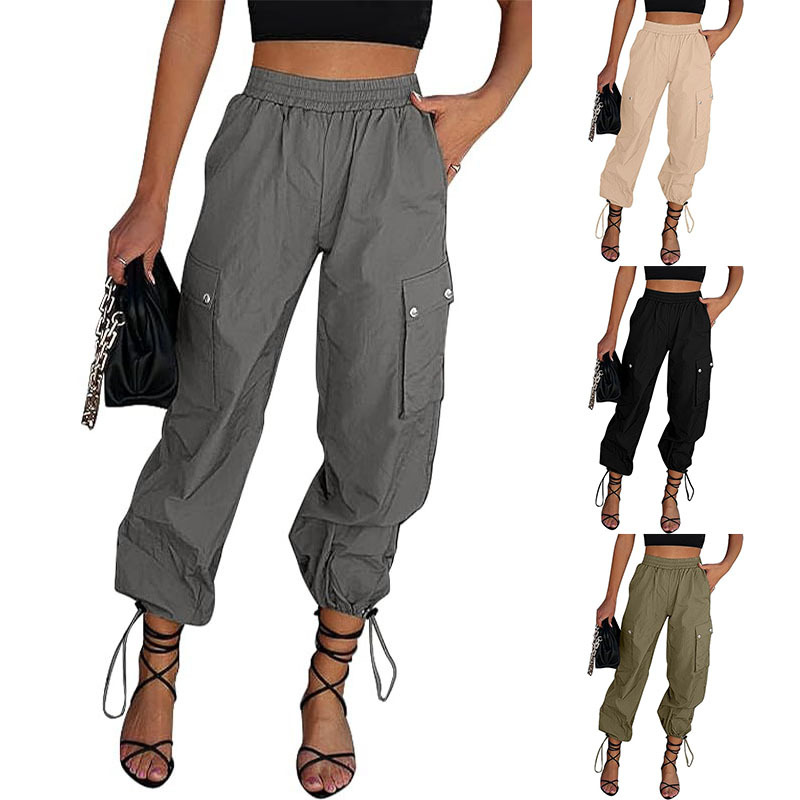 Women's High-Waist Parachute Cargo Pants with Drawstring and Pockets