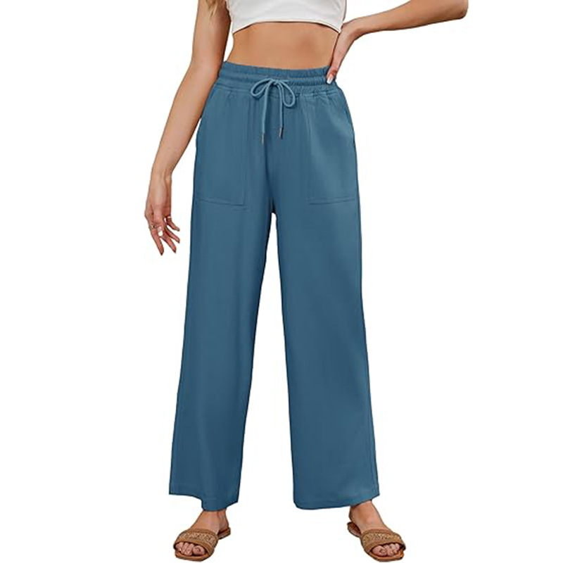 Women's Cotton Linen Straight Leg Pants Solid Color Casual Wide Leg Trousers